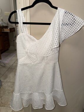 White One-Shoulder Gingham Ruffle Dress